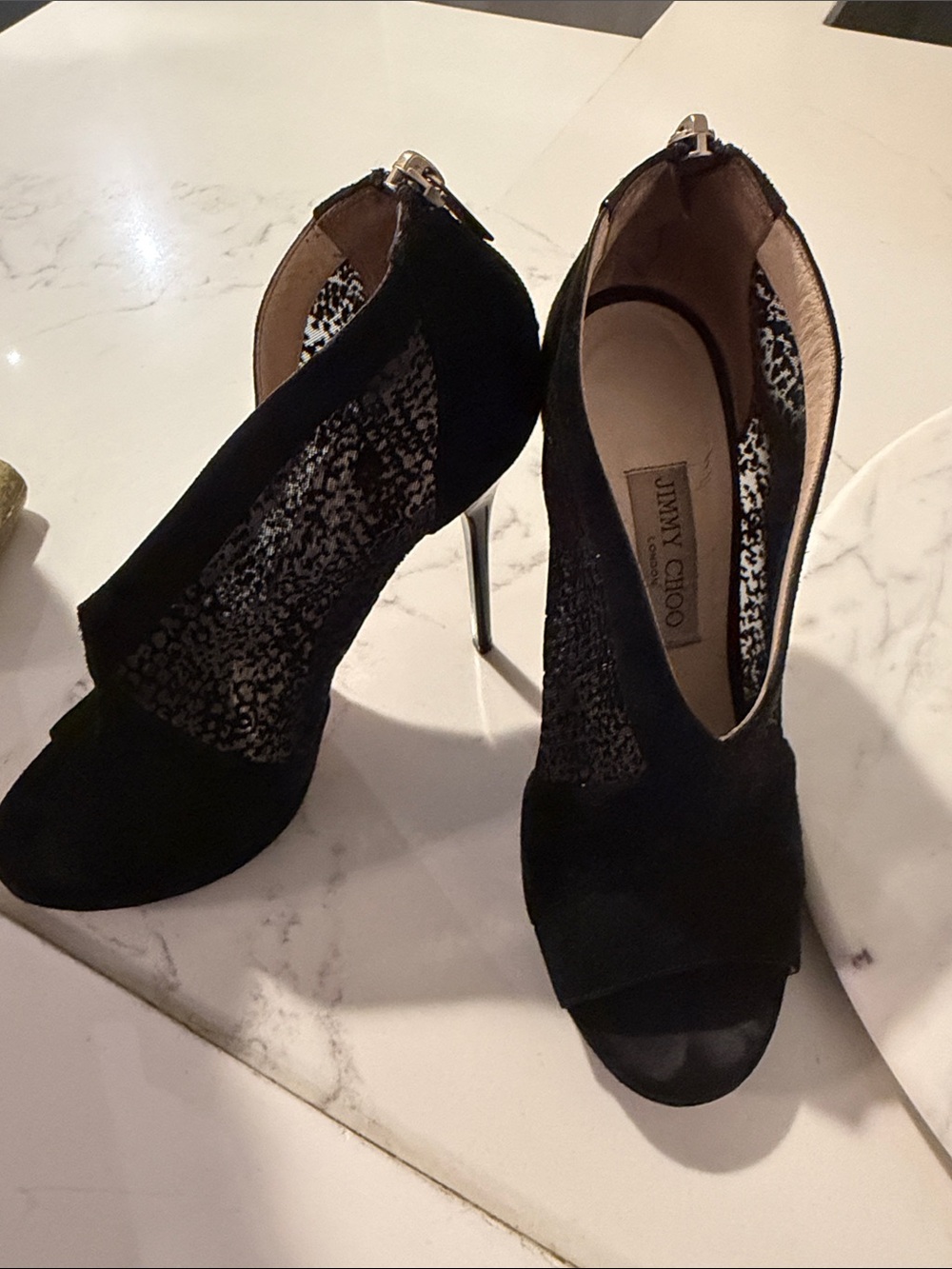 Jimmy Choo Black Suede Peep-Toe Booties with Ankle Zip 38
